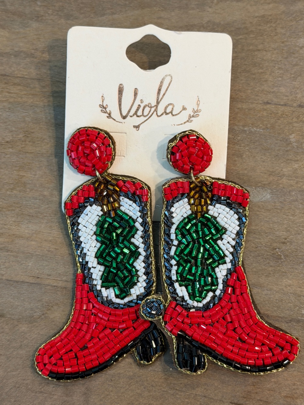 Viola Beaded Drop Earrings - Red, Green & White Christmas Cowboy Boots